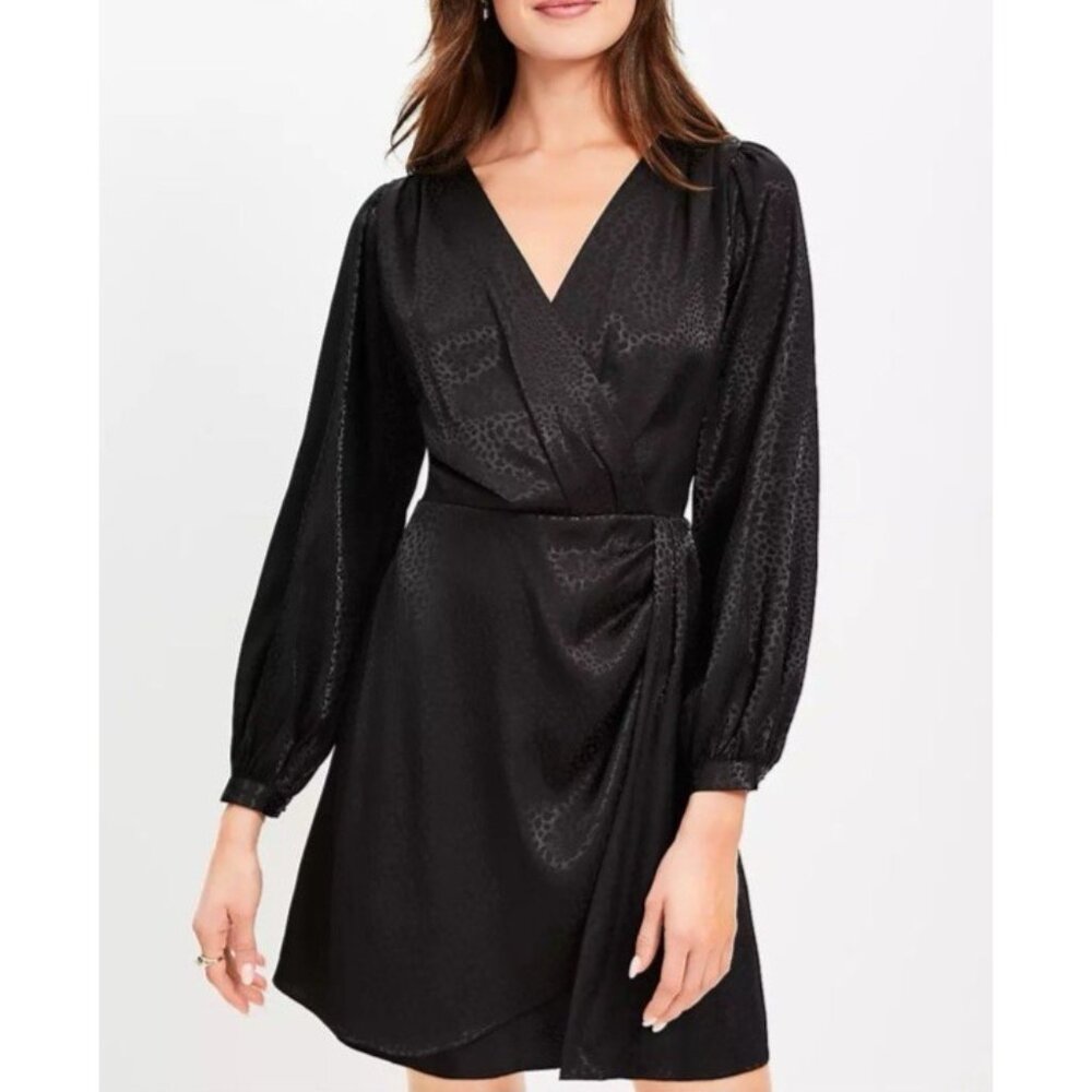 Banana Republic Wrap Dress 4 Black Jacquard Long Sleeve Silky Washable NEW